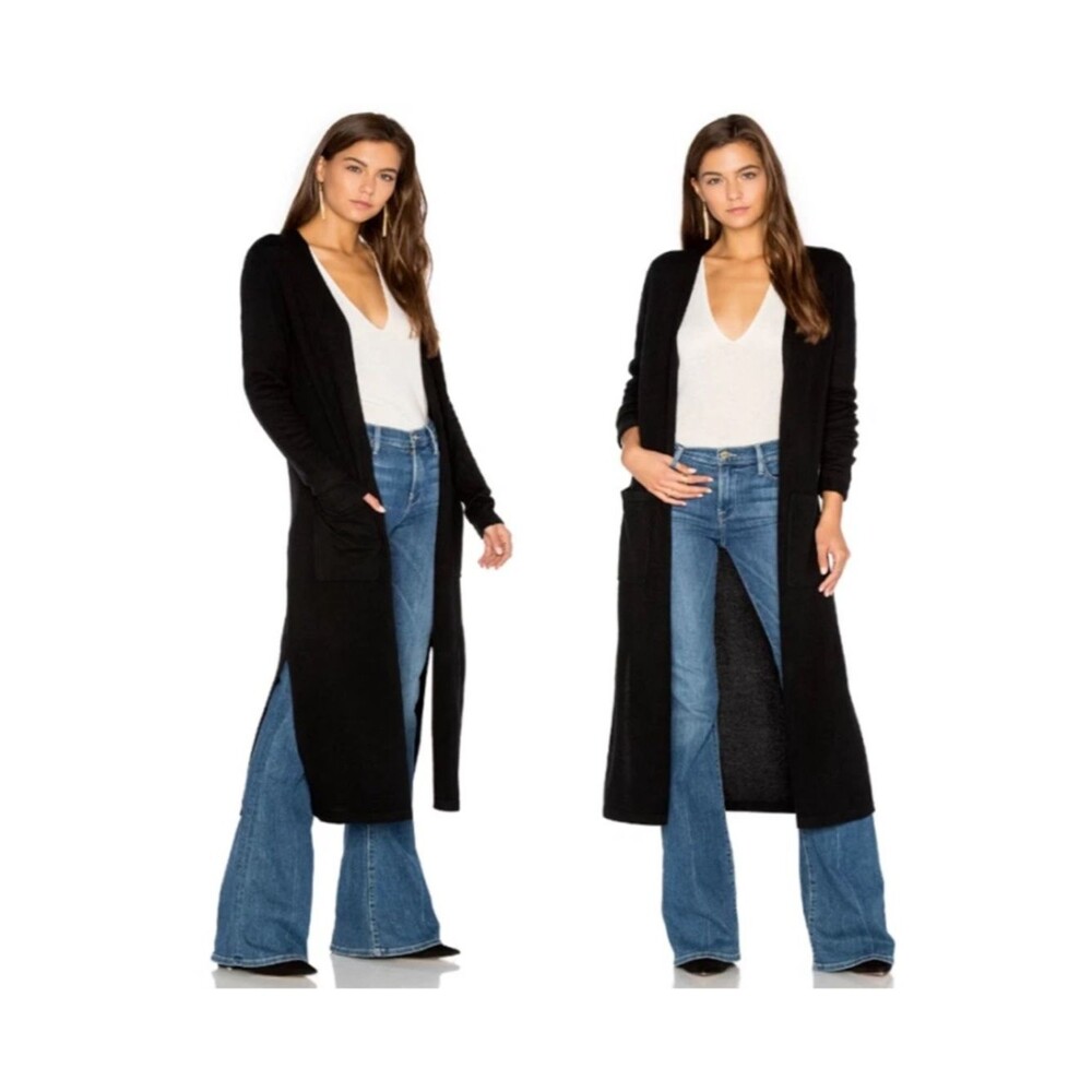 MAGASCHONI 40" Long 100% Cashmere Open Front Cardigan w/Pockets In Black M $415